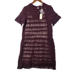 NWT Sundance Abergine Colored S/Slv Dress Crochet Overlay Lined - Sz 8